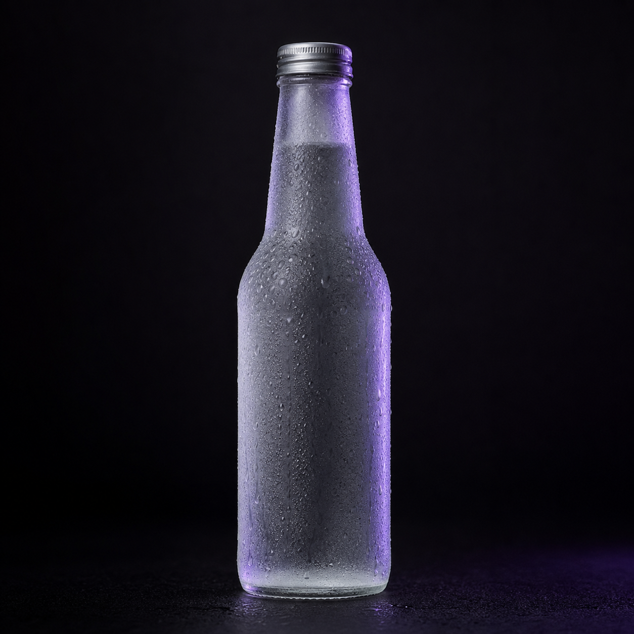 Aura Bottle — a frosted glass drink bottle with condensation under a studio key light and violet rim light.