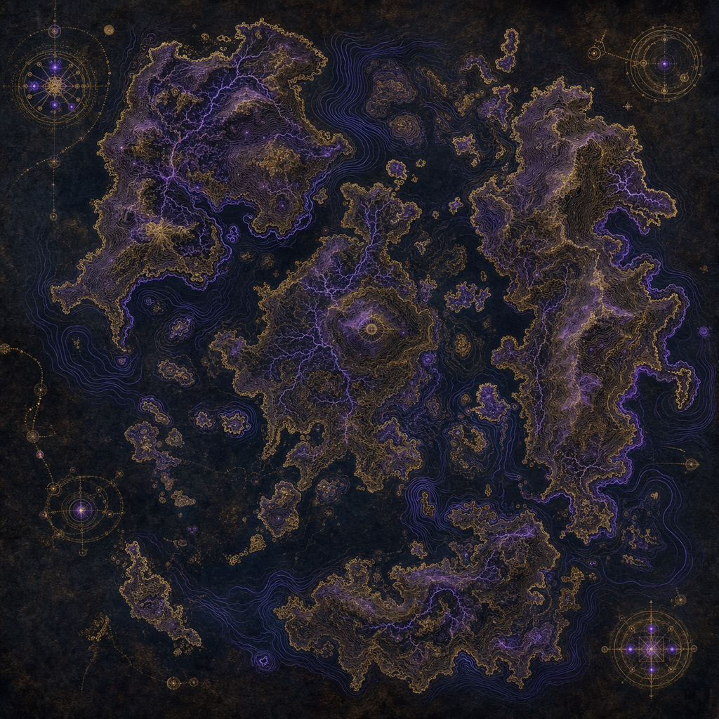 Cartography — an invented map with topographic contours in glowing violet and gold ink on dark parchment.