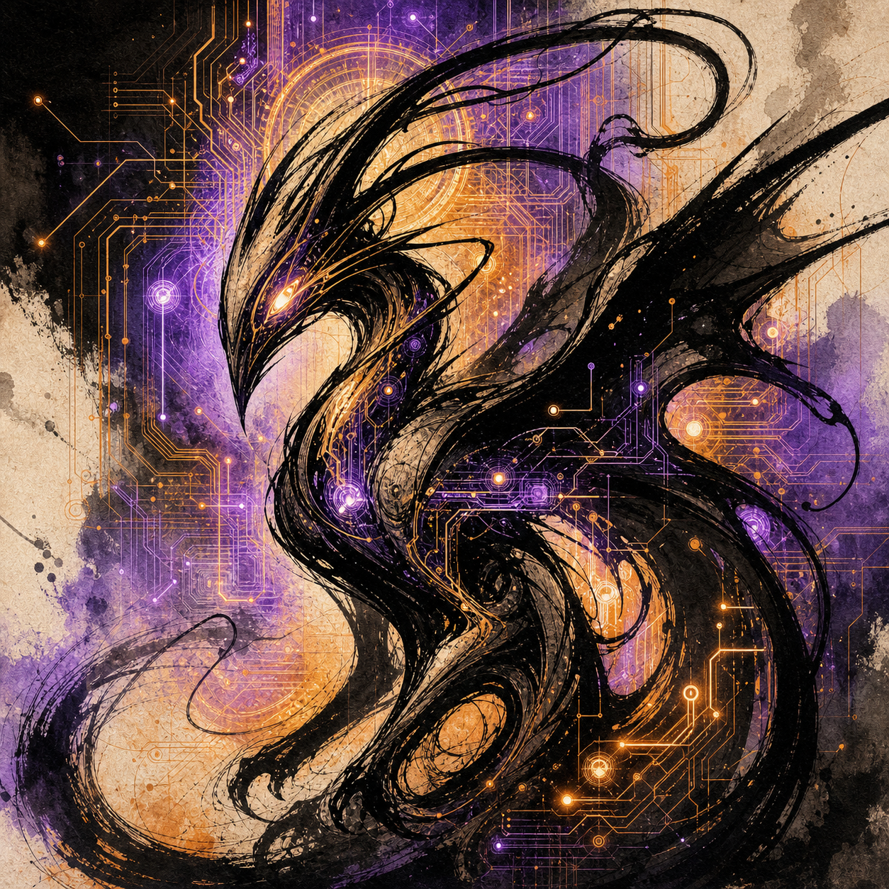 Ink & Circuit — bold hand-inked brush linework over a glowing generative underpainting of violet circuitry.