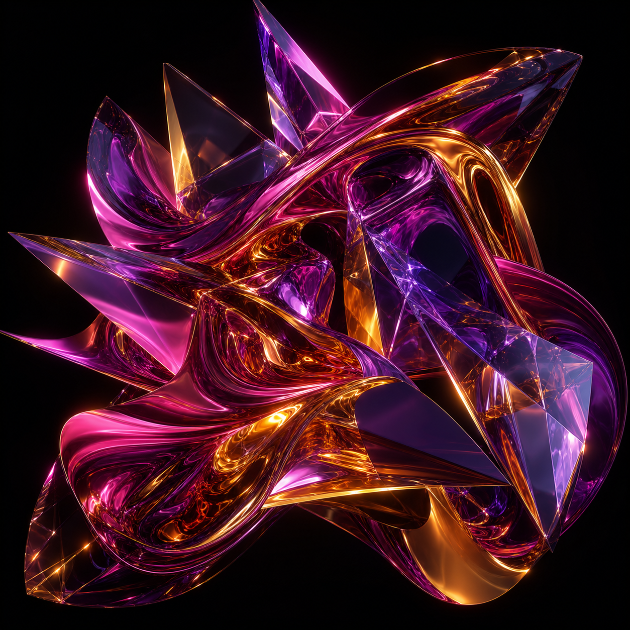 Liquid Fold — molten ribbons and crystalline planes catching magenta, violet and gold light on black.