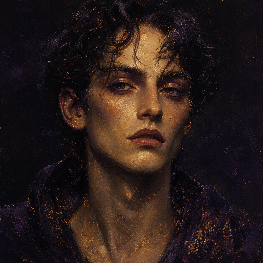 Portrait Study 04 — a painterly digital oil portrait with visible brushstrokes and chiaroscuro lighting.