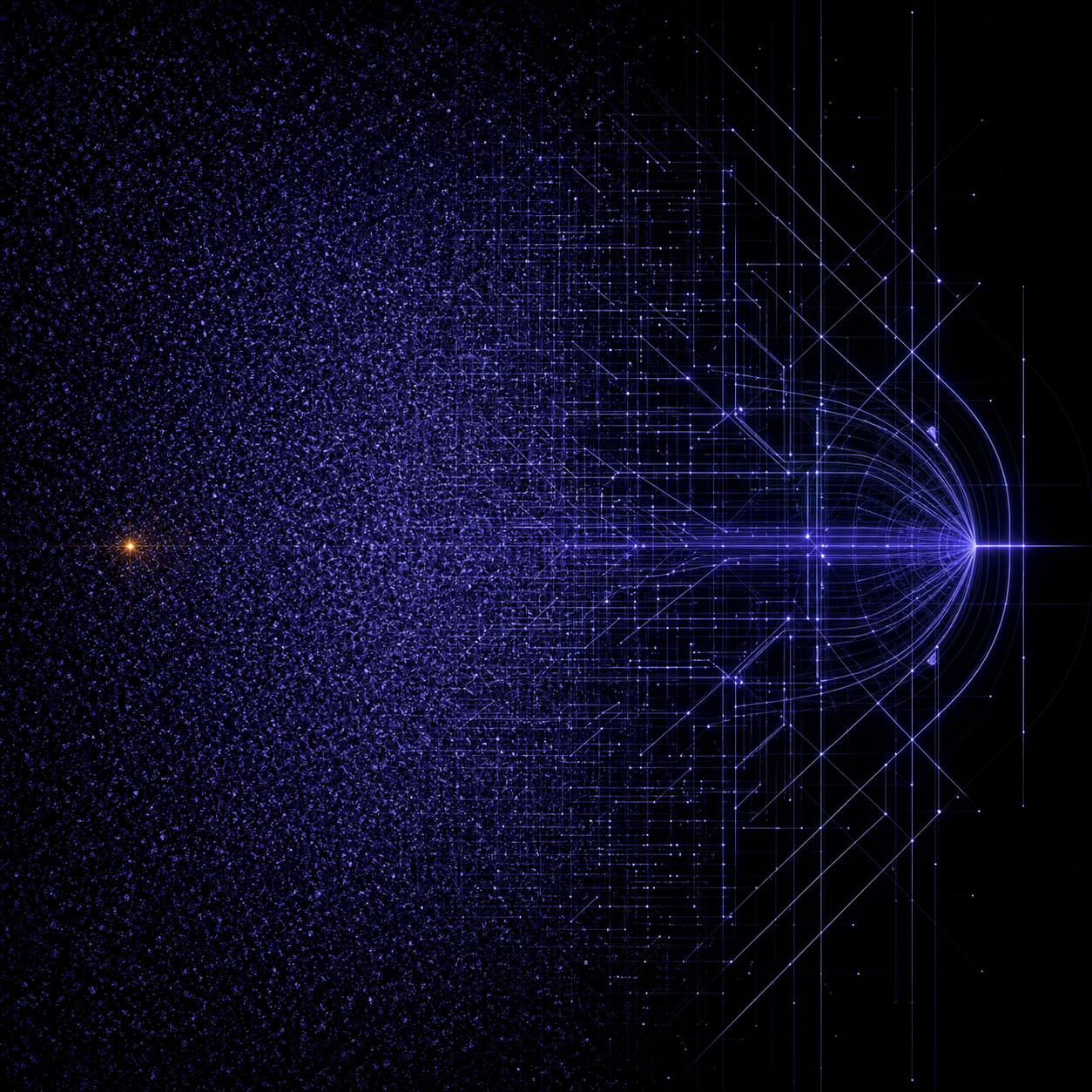 Signal Static — a field of noise on the left resolving into ordered luminous structure on the right.