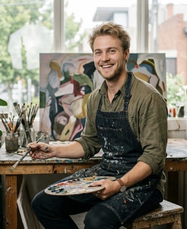 Alex Busse in his studio, holding a paint palette